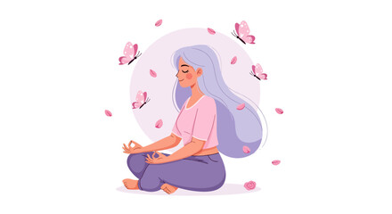 Fototapeta premium Woman Meditating with Butterflies and Petals.