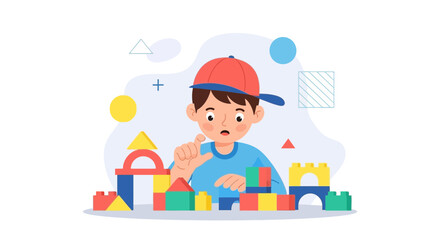 Naklejka premium Young Boy Plays With Colorful Blocks, Engaging in Creative Construction and Learning