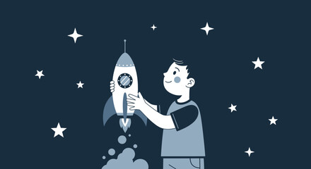 Fototapeta premium Young Boy Ready To Launch a Rocket Ship into Dreamy Night Sky Full of Stars