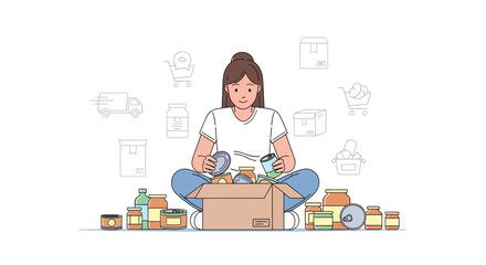 Woman Preparing Food Donations for Relief Distribution and Food Bank Support