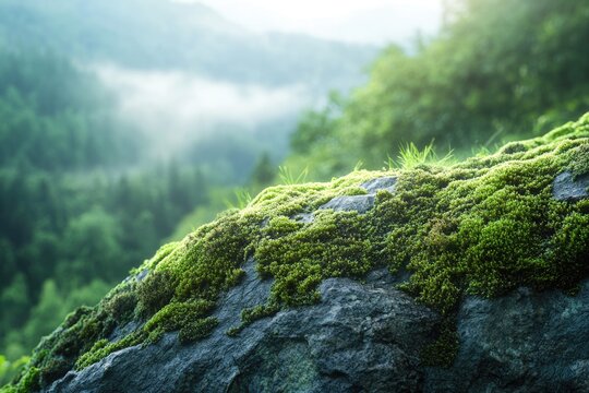 Lush green moss thrives on a rock, overlooking a misty, verdant forest.