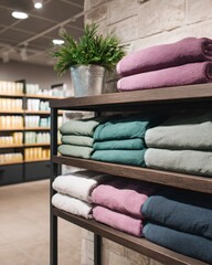 Row of towels are displayed on a shelf in a store