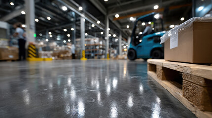 A wide-angle view of a busy warehouse highlights the dynamic environment, featuring a working forklift and neatly organized storage, enhancing the logistics process.