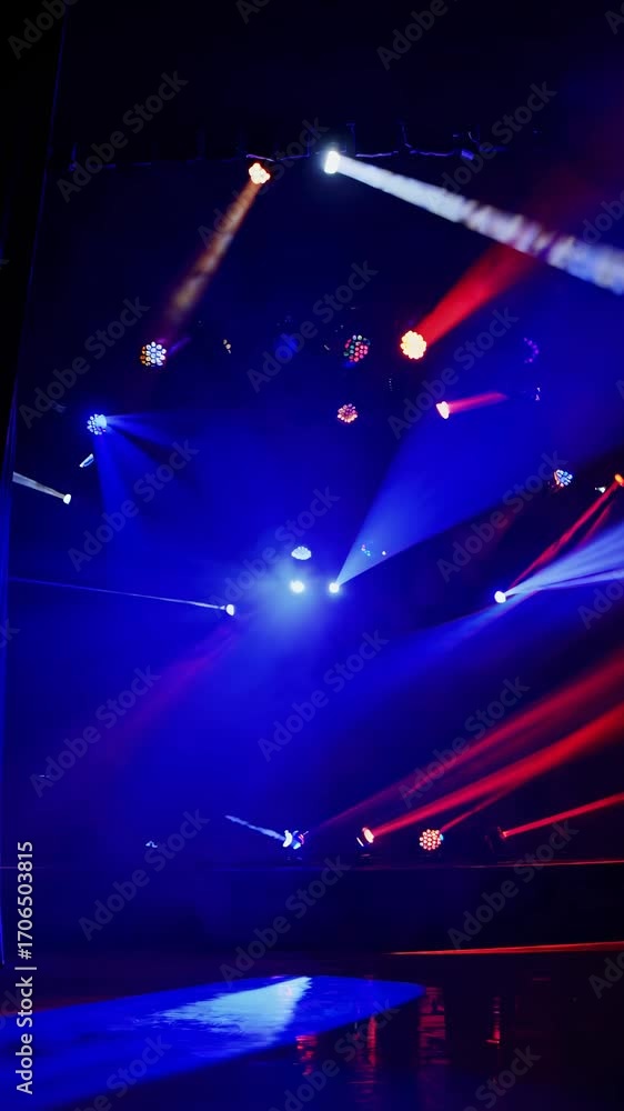 Poster dynamic stage lights with fog create a vibrant atmosphere. low-angle shot enhances the concert-like 