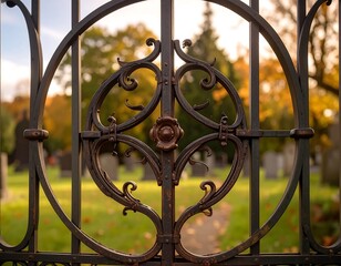 Ornate metal fence gate with autumnal view