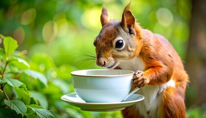Squirrel with teacup in a garden