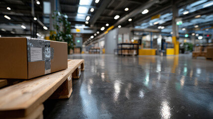 Fototapeta premium A view of a contemporary warehouse showcasing neatly arranged packages, polished concrete floors, and efficient use of lighting to create a productive work environment.