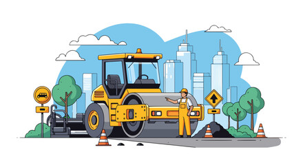 Vector illustration of road construction worker with asphalt roller machine in urban area, symbolizing infrastructure, city development, teamwork, and road maintenance