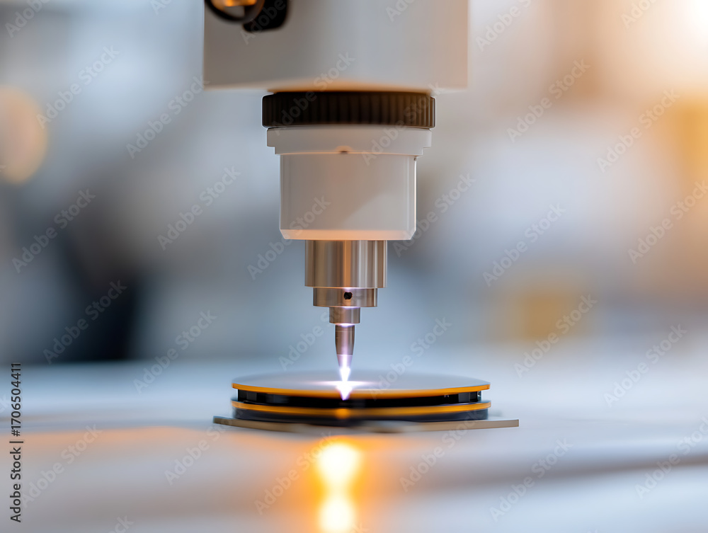 Poster precision instrument: a high-precision instrument examines a wafer in a laboratory setting, using ad