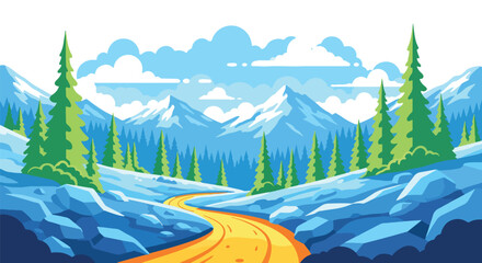 Vector illustration of scenic mountain trail winding through pine forest and rocky hills with snowy peaks in background, symbolizing adventure, hiking, travel, and outdoor exploration