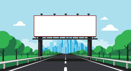 Vector illustration of empty highway billboard with city skyline in background, symbolizing urban advertising, marketing opportunities, road signage, and business promotion