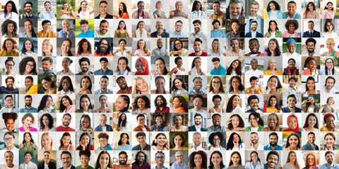 Fototapeta premium A vibrant collection of portraits showcases the joy and diversity among people. Multiracial individuals smile and engage, representing various backgrounds and lifestyles in a lively atmosphere.
