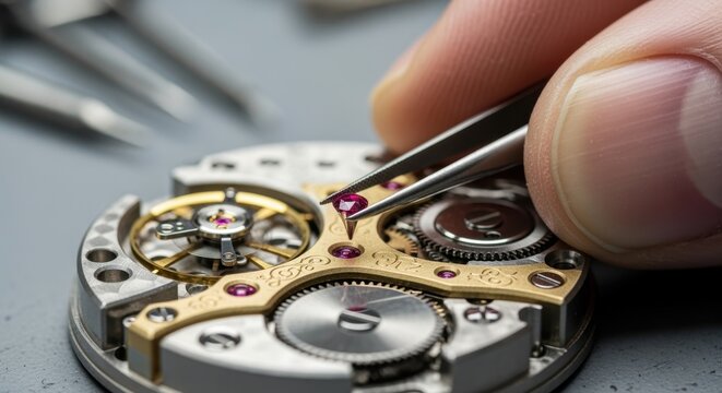 Detailed image of a handpolished ruby jewel being inserted into the escapement bridge during tourbillon assembly.