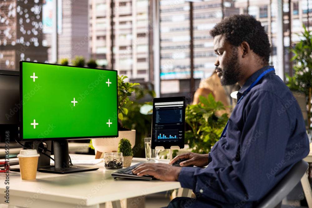 Poster african american analyst finalizing a report with data analytics next to copy space, developing a pr