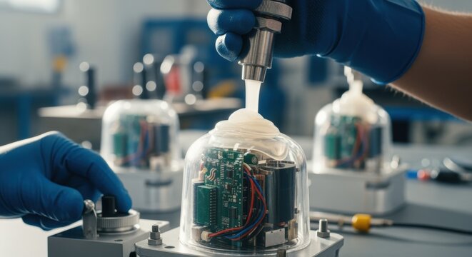 Seismic survey node encapsulation process in industrial setting emphasizing quality control during electronic potting for fieldready equipment.