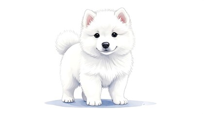 Cute white puppy, fluffy fur, light blue backdrop