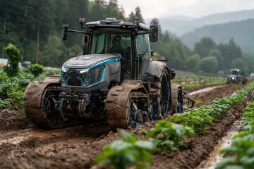 Fototapeta premium Electric tractor uses lidar sensors and GPS to navigate crop rows in a futuristic farming landscape