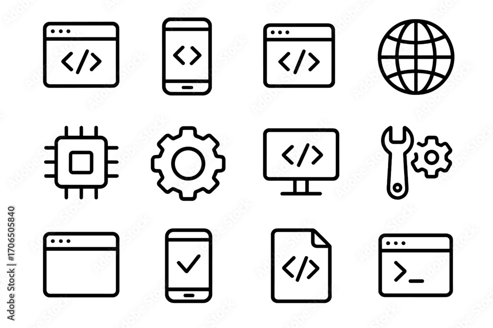 Poster icons representing web development tools and technologies in a minimalist style