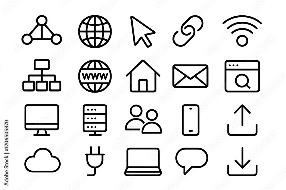 Poster collection of minimalistic technology icons representing internet and connectivity concepts in black