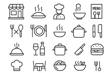 Icons representing various elements of dining and food preparation in a casual eatery setting