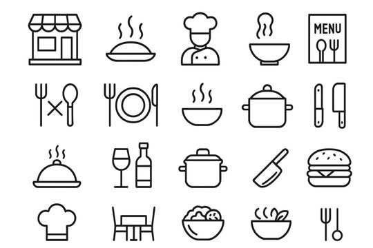 Icons representing various elements of dining and food preparation in a casual eatery setting