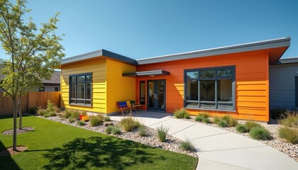 Modern daycare center features colorful, kid-friendly fiber cement siding in yellow, orange hues. Durable, inviting architecture designed for daily wear, tear. Bright, welcoming building exterior