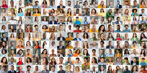 A vibrant collection showcases diverse individuals smiling and expressing happiness. The collage captures a variety of backgrounds and cultures, emphasizing unity and joyful lifestyle moments.