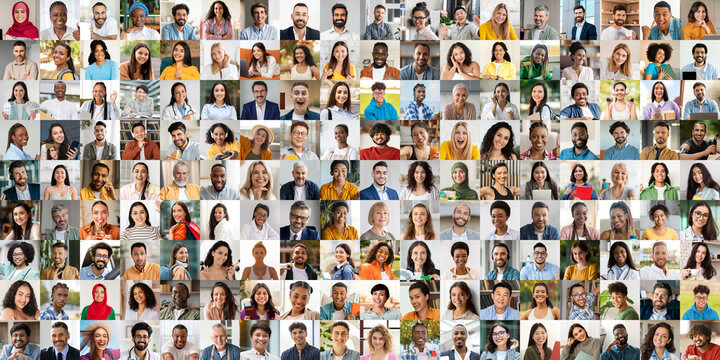 A vibrant collection showcases diverse individuals smiling and expressing happiness. The collage captures a variety of backgrounds and cultures, emphasizing unity and joyful lifestyle moments.