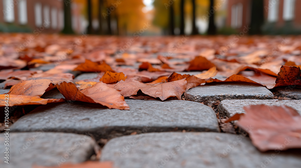Poster fallen leaves cover a cobblestone path in autumn, creating a colorful and textured scene. buildings 