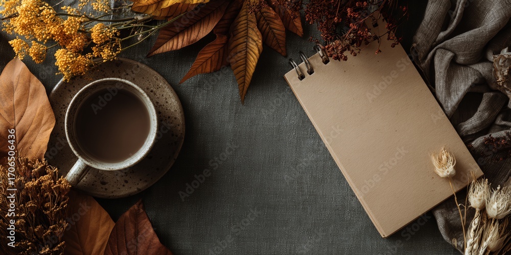 Poster cup of coffee is on a table with a notebook and some leaves