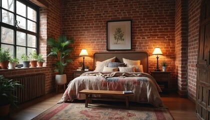 Cozy bedroom interior with rustic brick walls, large window, and plush bedding. Warm lighting from bedside lamps creates inviting ambiance. Wooden furniture and potted plants add natural charm.