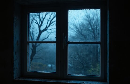 Gloomy view through window pane at rainy night. Bare trees silhouette against dark, stormy sky. Water drops on glass. Cold, dark interior, house interior, wood window frame.