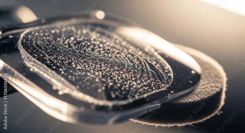 Poster Macro perspective on microabrasive particles interacting with the surface of an ophthalmic freeformlens surfacing block during polishing.