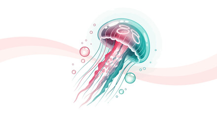 Fototapeta premium Elegant Jellyfish Depiction With Teal and Pink Tones Against White Background