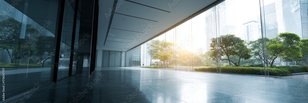 Poster large open room with a view of trees and a city