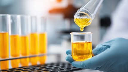 Scientist wearing gloves carefully applying chemical reagent on canvas corner focused examination of pigment composition with defocused lab instruments.