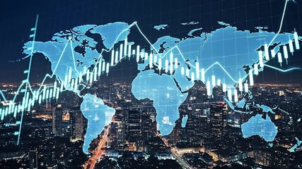 A digital world map and glowing financial charts overlay an urban cityscape at night featuring bright buildings streets and a grid - Powered by Adobe
