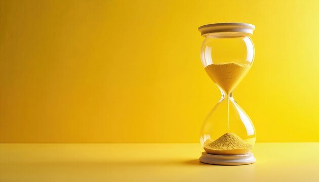 Glass hourglass with yellow sand sits on bright yellow background. Minimalist object time measurement, countdowns, vintage design. Elegant shape, contrasting shadow create cheerful, energetic mood, - Powered by Adobe