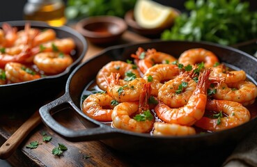 Succulent garlic shrimp gambas al ajillo sizzling in a pan with olive oil. Fresh parsley garnish. Spanish tapas dish, perfect for restaurant menus, food blogs, or culinary inspiration.