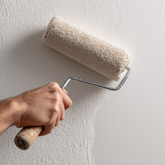 Obraz premium Hand holds paint roller applies fresh coat of beige paint to white wall. Meticulous painting technique. Soft natural light, texture of paint and smooth surface being covered