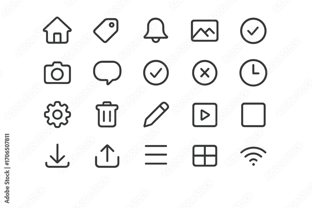 Aufkleber collection of minimalistic icons for user interface design in modern applications