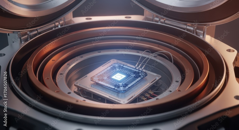 Poster cryostat bay open to reveal layered thermal shields and a mounted quantum annealing chip in a temper