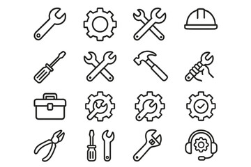 Collection of construction and repair tools in a simple line art style showcasing various equipment and accessories for handyman tasks