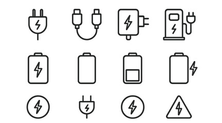 Battery symbols and charging icons representing power and energy management in various formats and styles