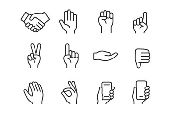 Various hand gestures representing communication and interaction in a simple graphic design