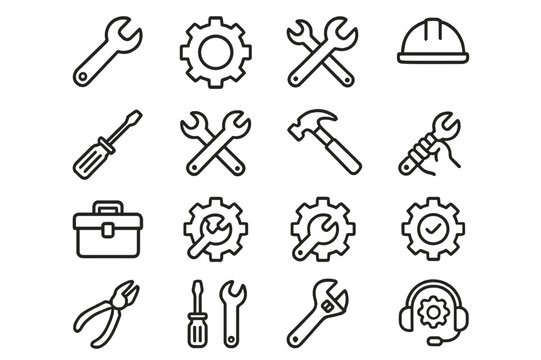 Collection of construction and repair tools in a simple line art style showcasing various equipment and accessories for handyman tasks