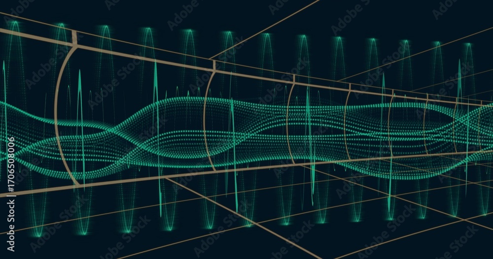 Poster weaving turquoise dotted waveform through 3d grid envelope space with light spikes and gold axes