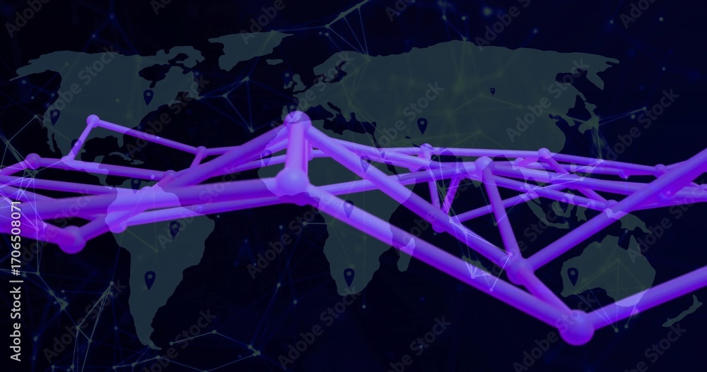 Aufkleber displaying purple nodes and lines across transparent world map, with pin markers and web overlay