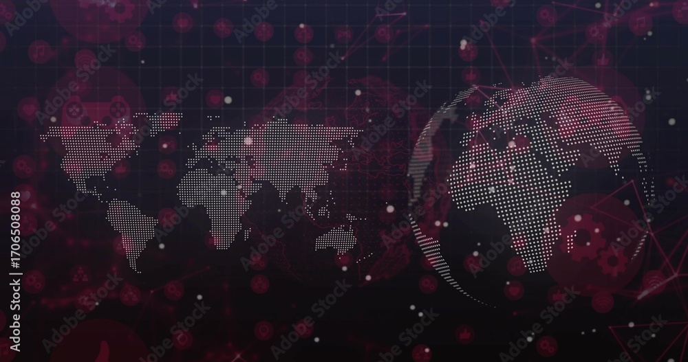 Aufkleber rotating 3d globe on right-side, showing world map with grid overlay and tech icons, copy space