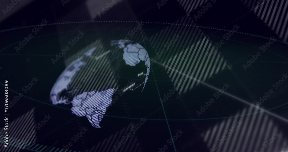 Poster rotating 3d globe showing continents floating in virtual interface, with grid rings and overlays